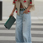 Margovil Short Sleeves Button Up Cherry Decorative Knit Sweater