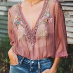 Elegant Gray Purple Floral Embroidery Half Sleeve Chiffon Shirt
