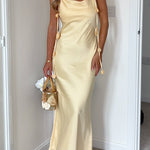 Cowl Neck Flower Applique Satin Maxi Cami Dress