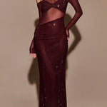 Margovil Off Shoulder Long Sleeves Mesh Splice Sequin Maxi Party Dress