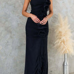 Margovil One Shoulder Slit Ruched Ruffle Mesh Maxi Dress