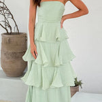 Margovil Strapless Empire Waist Ruffle Layered Maxi Dress
