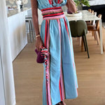 Light Blue Color-Blocked Striped V-Neck Fitted Waist Vacation Maxi Dress