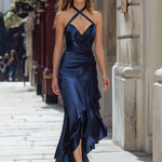 Navy Satin Halter Draped Maxi Dress With Ruffle Detail
