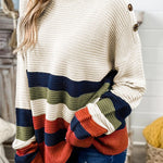 Colorblock Striped Button Drop Shoulder Pullover Sweater