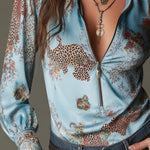 Elegant Leopard Print Satin Blouse With Front Zipper