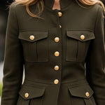 Long Sleeves Buttoned Pleated Pockets Solid Color Stand Collar Outerwear