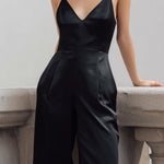 Black Satin Spaghetti-Strap Wide-Leg Jumpsuit