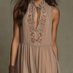 Lightweight And Comfortable Embroidered Tie-neck Sleeveless Midi Dress.