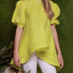 High-Low Loose Pleated Solid Color Round-Neck Blouses&Shirts Tops