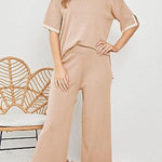 Lounge or Casual Wear Knit Patchwork Color Block Short Sleeve Top and Elastic Wide Leg Pants