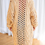 Knit Cable Cotout Long Sleeve Pocket Oversized Midi Cardigan