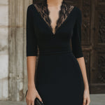 Lace-Trim V-Neck Three-Quarter Sleeve Midi Dress