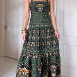 Tropical Look Linen Blend Floral Print Square Neck Back Smocked Midi Dress