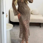 Sequined V-Neck Flared Sleeve Bodycon Maxi Dress