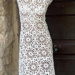 Island Break Crochet Flower Pattern Long Sleeve Backless Vacation Maxi Dress