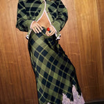 Holiday Plaid Knit Color-blocked Trim Button Long-sleeved Loose Cardigan