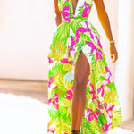 V-Neck Printed High Waist Swing Belt Dress