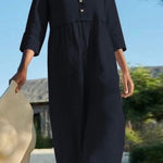 Round neck button pocket cotton and linen sleeves solid color dress