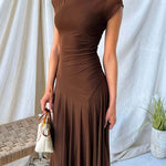 Mockneck Cap Sleeves Ruched Mesh Maxi Dress