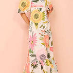 Margovil Square Collar Puff Sleeves Floral Print Cotton Linen Ruffle Maxi Dress