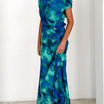 Off Shoulder Ruched Lagoon Print Maxi Dress