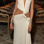 Margovil V Neck Knot Front Cut Out High Slit Sleeveless Maxi Dress