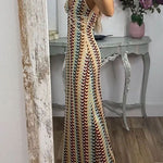 Margovil Halter V Neck Backless Color Block Crochet Maxi Dress