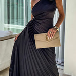 Margovil 3D Rose One Shoulder Cut Out Waist Asymmetric Hem Pleated Maxi Dress