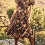 V Neck Puff Short Sleeves Floral Print Midi Dress
