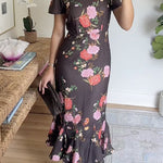 Crewneck Short Sleeves Floral Print Ruffle Hem Midi Dress