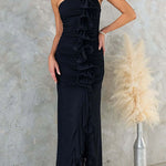 Margovil One Shoulder Slit Ruffle Mesh Maxi Dress