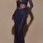 Margovil Off Shoulder Long Sleeves Mesh Splice Sequin Maxi Party Dress