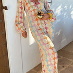 Margovil V Neck Lantern Sleeves Geometric Print Maxi Dress