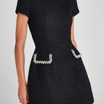 Exquisite and Playful Tweed Fabric Pearl Trim Short Sleeve Pocketed Mini Dress