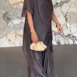 Solid Color Round Neck Irregular Loose Chiffon Top and Casual Wide-leg Pants Set