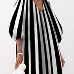 Puff Sleeves Three-Quarter Sleeves Striped V-Neck Maxi Dresses