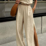 Cotton and Linen Slit Fashionable Two-piece Set