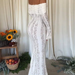 Floral Lace Off Shoulder Flare Sleeve Fishtail Maxi Dresses-White