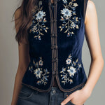 Boho Mandarin Collar Navy Velvet Embroidered Vest