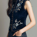 Boho Mandarin Collar Navy Velvet Embroidered Vest