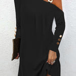 Long Sleeves Loose Asymmetric Buckle Buttoned Hollow One-Shoulder Mini Dresses