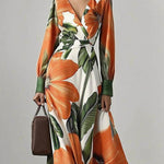 Long Sleeves Loose Flower Print Pleated V-Neck Maxi Dresses