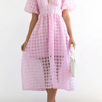 Remarkable Beauty Square Patterned Fabric Puff Sleeve Party Midi Dress