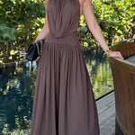Lightweight Chic Metal Ring Drape Cowl Halter Neck Bodysuit and Elastic Waist Wide Leg Pants Set