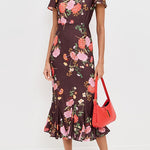 Crewneck Short Sleeves Floral Print Ruffle Hem Midi Dress