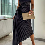 Margovil 3D Rose One Shoulder Cut Out Waist Asymmetric Hem Pleated Maxi Dress