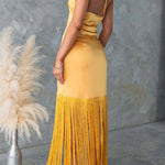 Margovil Halter Neck Patchwork Fringe Hem Satin Maxi Dress