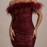 Margovil Off Shoulder Feather Trim Sequin Mini Party Dress