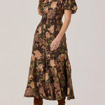 V Neck Puff Short Sleeves Floral Print Midi Dress